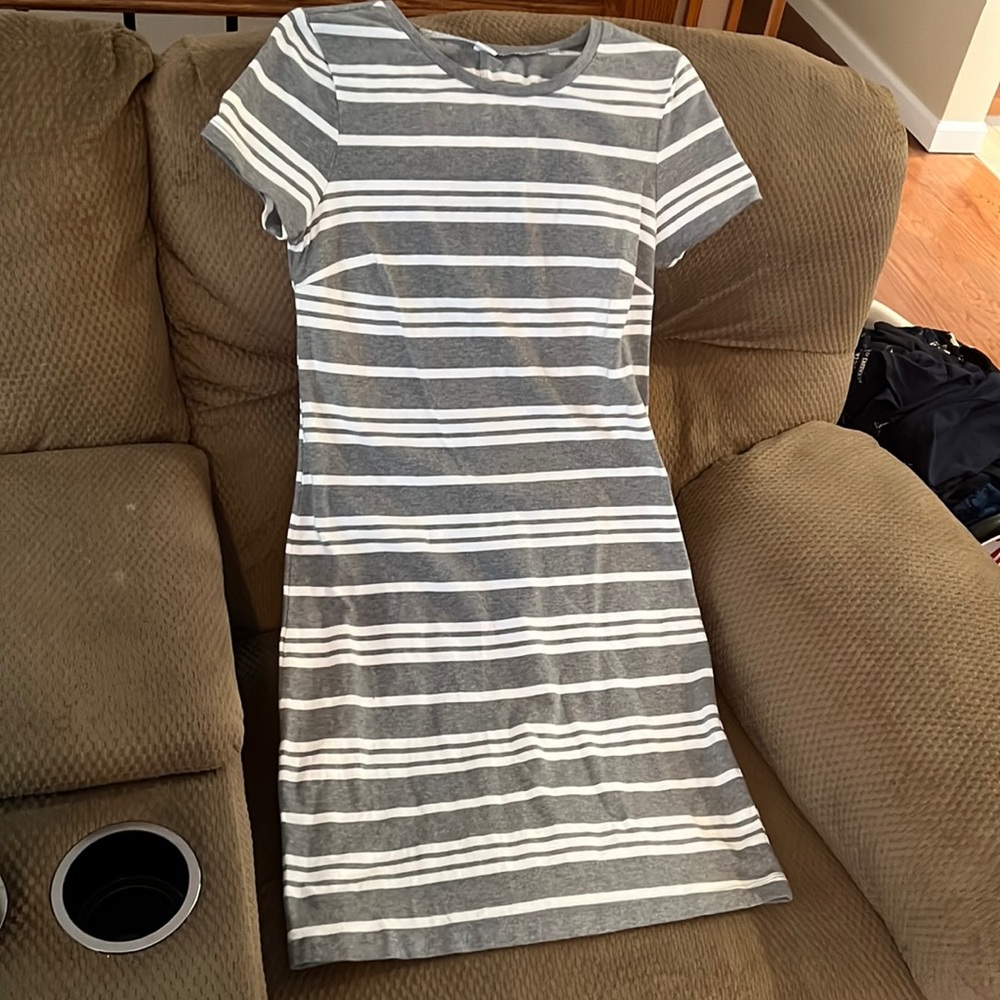 Gray and white striped bodycon dress